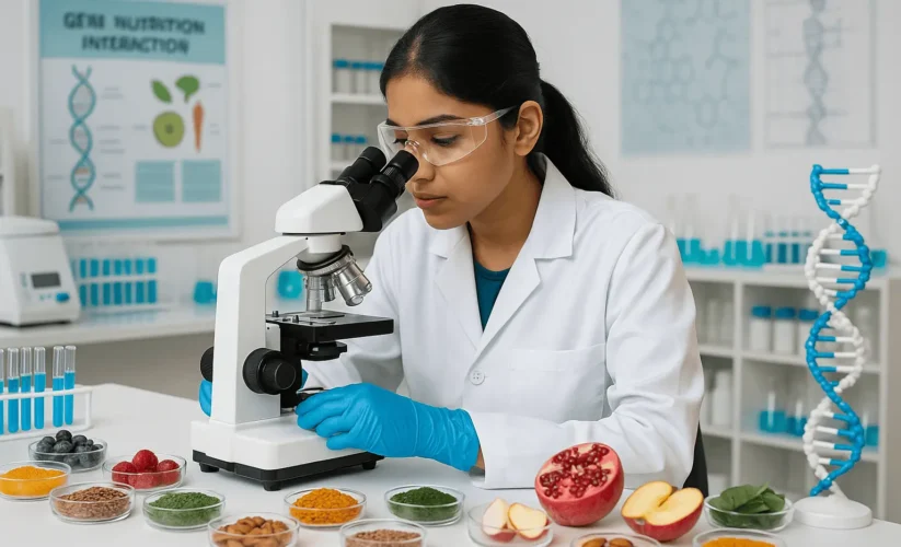 Student in lab conducting research with fruits and DNA samples, representing Nutrigenomics Courses in India.