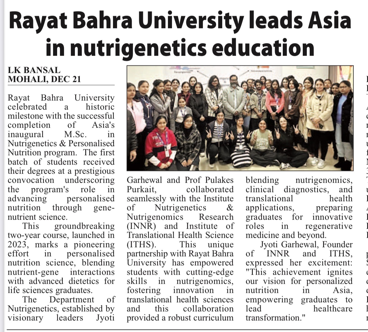 Rayat Bahra University Mohali celebrates Asia’s first M.Sc. Nutrigenetics convocation with faculty and graduating students in personalized nutrition program